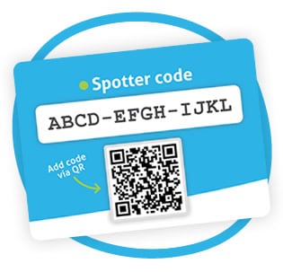 Example of a Spotter code with QR code to enter when contacting customer service